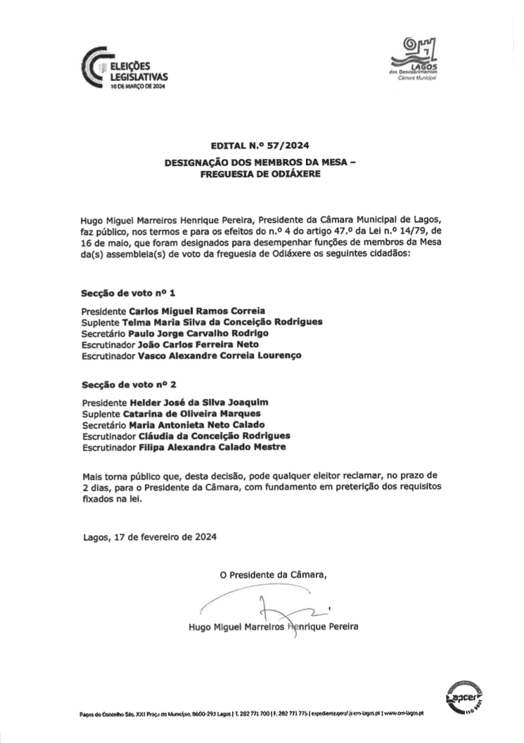 Notícia Edital N.º 57/2024 - Designação dos Membros da Mesa - Freguesia de Odiáxere