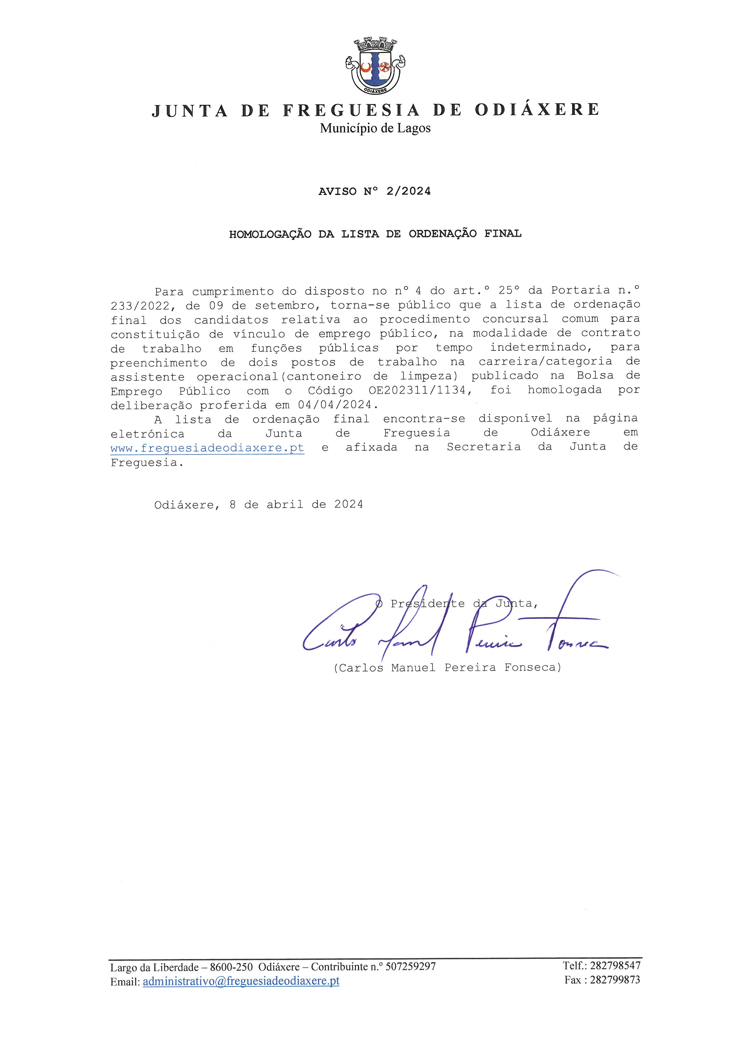 Notícia Aviso N.º 2/2024 - Homologação da Lista de Ordenação Final - Procedimento Concursal - Cantoneiro de limpeza