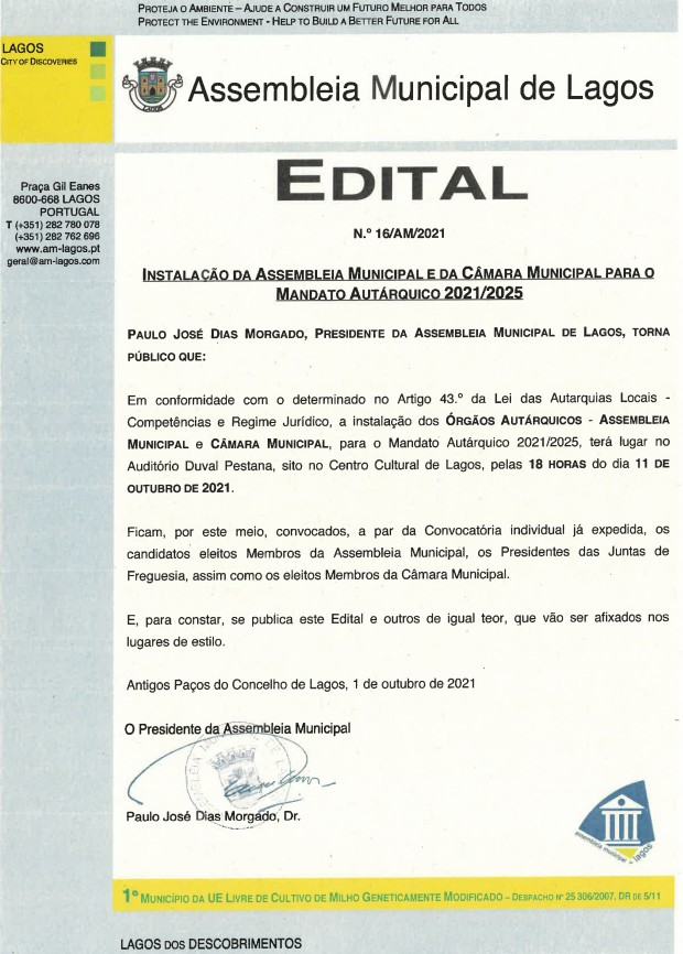 Imagem Instalação dos órgãos autárquicos mandato 2021/2025 C.M. Lagos