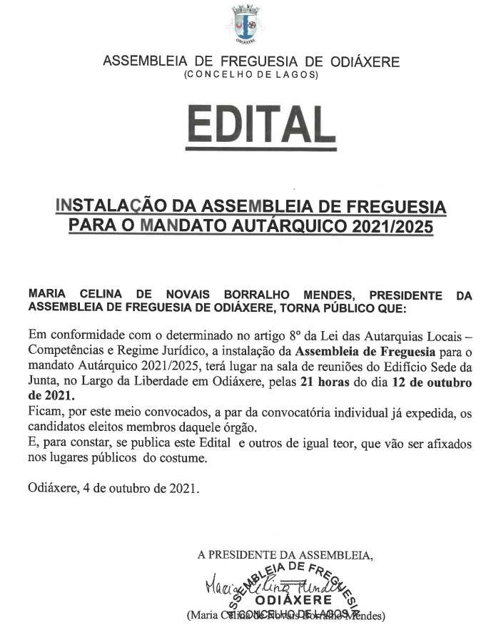 Imagem Instalação da Assembleia de freguesia - mandato 2021/2025